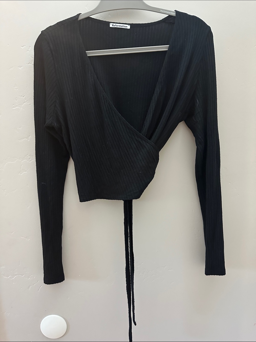Reformation Black Long-Sleeve Wrap Crop Top with Waist Tie - Picture 3 of 5
